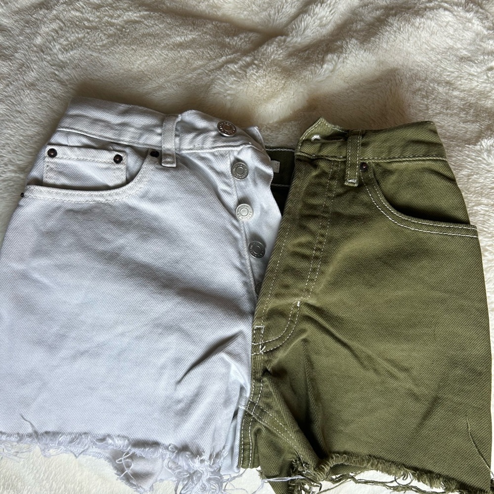 PacSun White and Green Jean Shorts with Distressed Hem